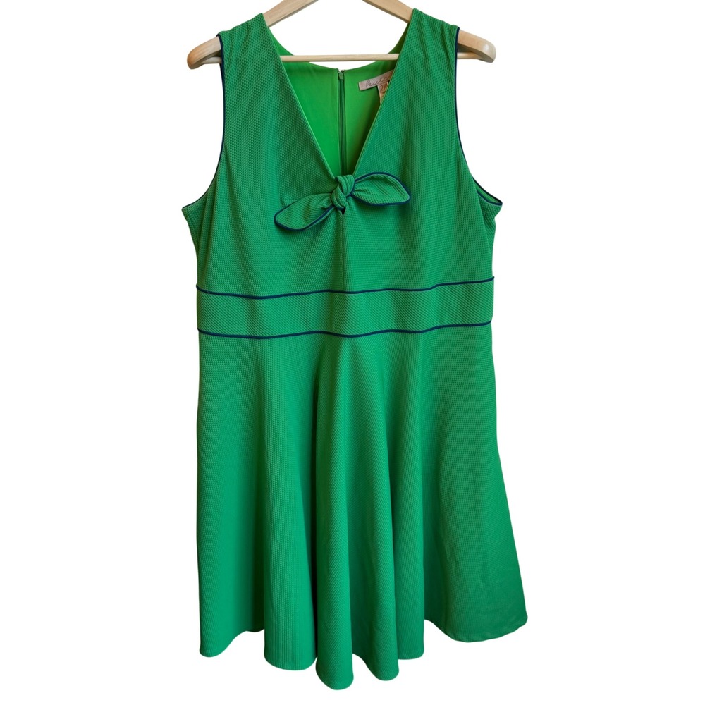 Hutch Fit and Flare Dress Size 2X Green Navy Bow Pique Sleeveless Pockets Preppy